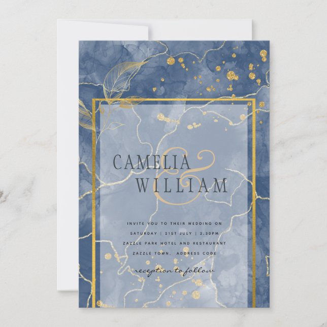 LeahG Navy Blue Gold INK Abstract Wedding INVITE (Front)