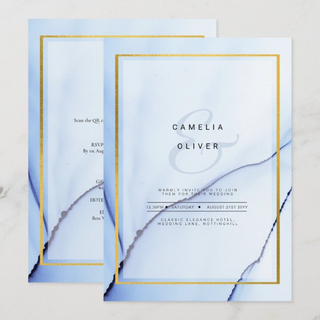 LeahG Navy Blue Gold INK Abstract Wedding INVITE (Front/Back)