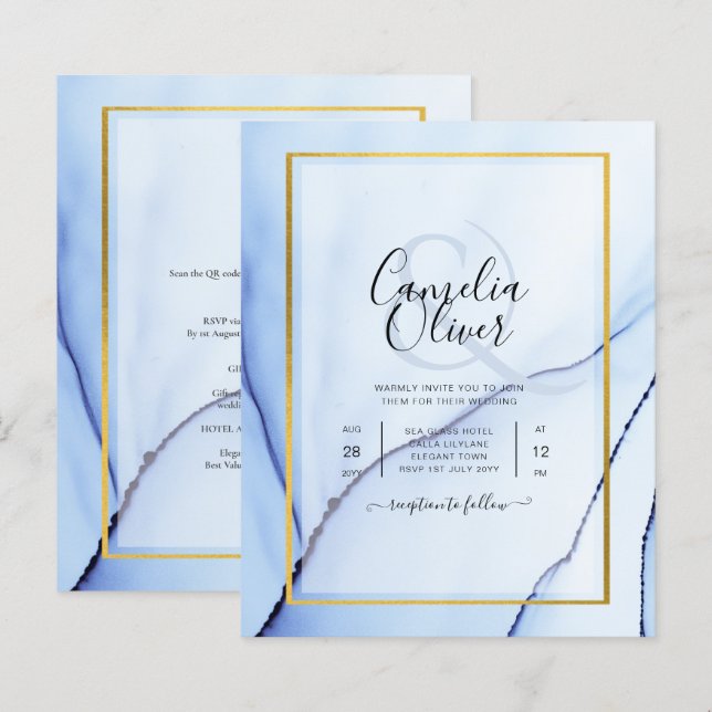LeahG Navy Blue Gold INK Abstract Wedding INVITE (Front/Back)