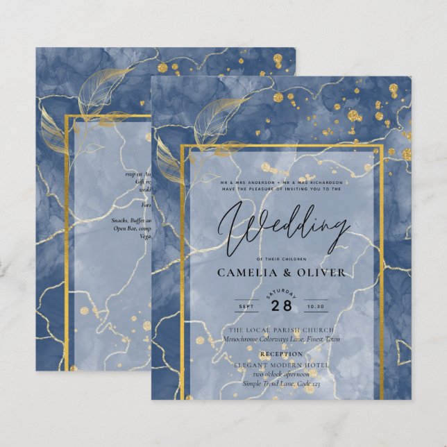 LeahG Navy Blue Gold INK Abstract Wedding INVITE (Front/Back)