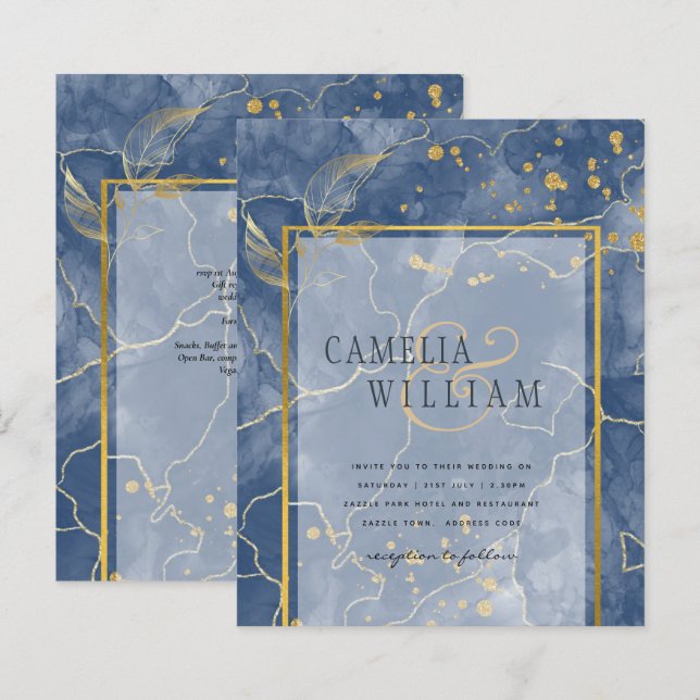LeahG Navy Blue Gold INK Abstract Wedding INVITE (Front/Back)