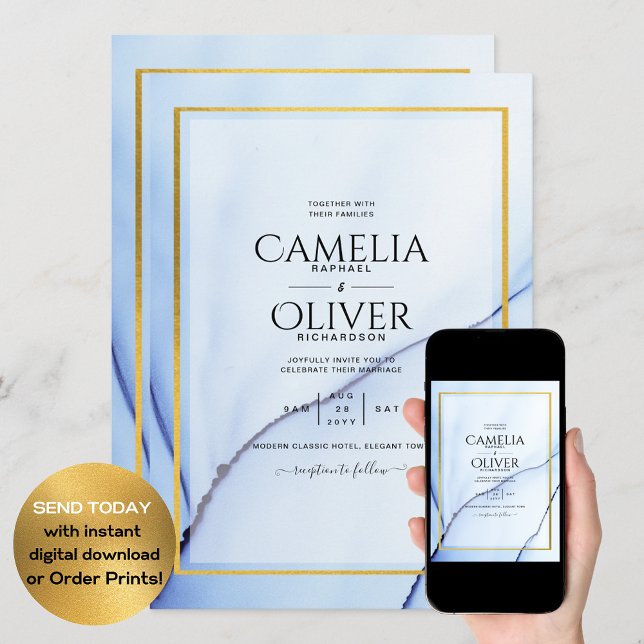 LeahG Navy Blue Gold INK Abstract Wedding INVITE (Creator Uploaded)