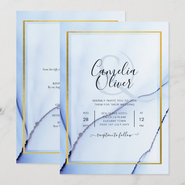 LeahG Navy Blue Gold INK Abstract Wedding INVITE (Front/Back)