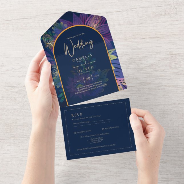 LeahG Navy Purple Gold JEWEL TONES Wedding INVITE (Tearaway)