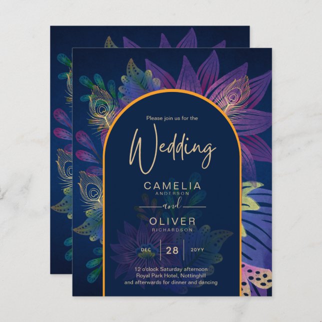 LeahG Navy Purple Gold JEWEL TONES Wedding INVITE (Front/Back)
