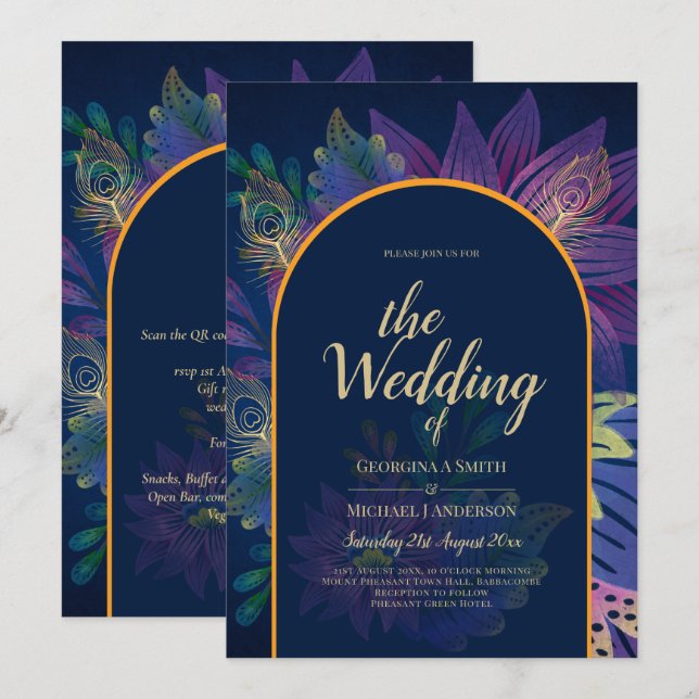 LeahG Navy Purple Gold JEWEL TONES Wedding INVITE (Front/Back)