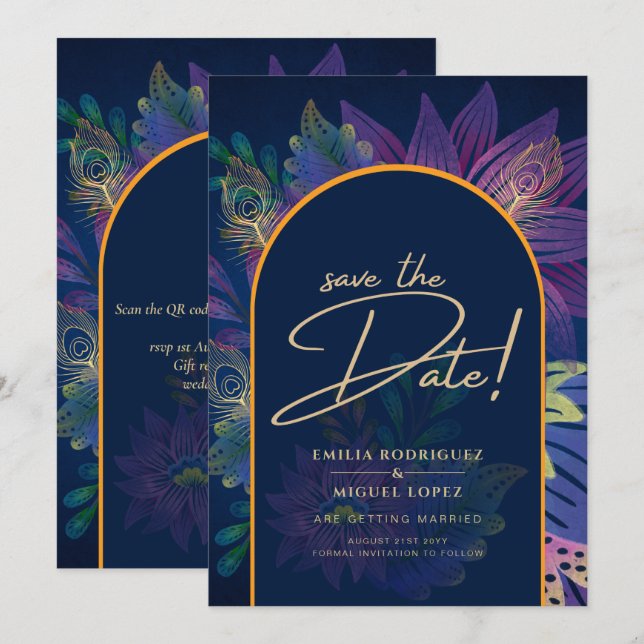LeahG Navy Purple Gold JEWEL TONES Wedding INVITE (Front/Back)