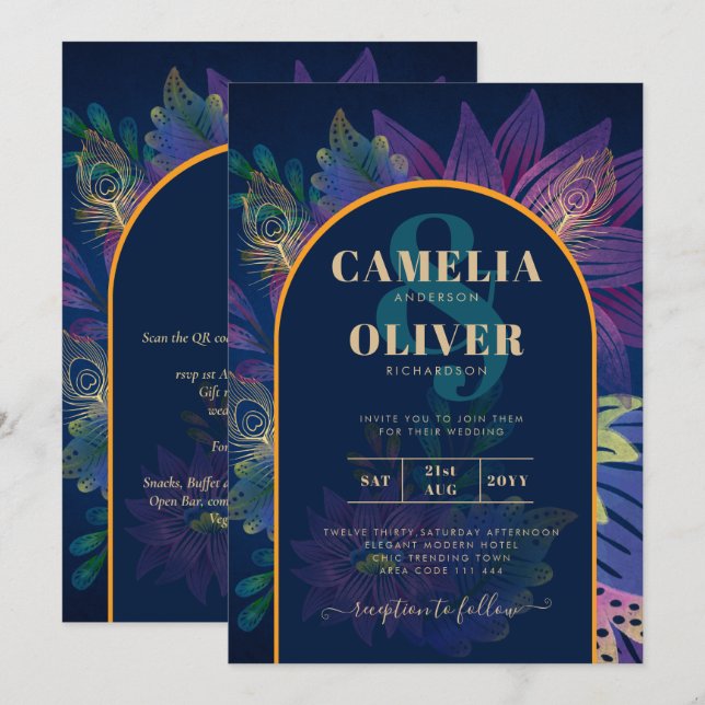 LeahG Navy Purple Gold JEWEL TONES Wedding INVITE (Front/Back)