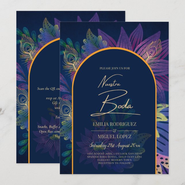 LeahG Navy Purple Gold JEWEL TONES Wedding INVITE (Front/Back)