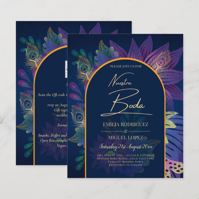 LeahG Navy Purple Gold JEWEL TONES Wedding INVITE (Front/Back)