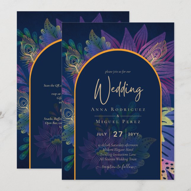 LeahG Navy Purple Gold JEWEL TONES Wedding INVITE (Front/Back)