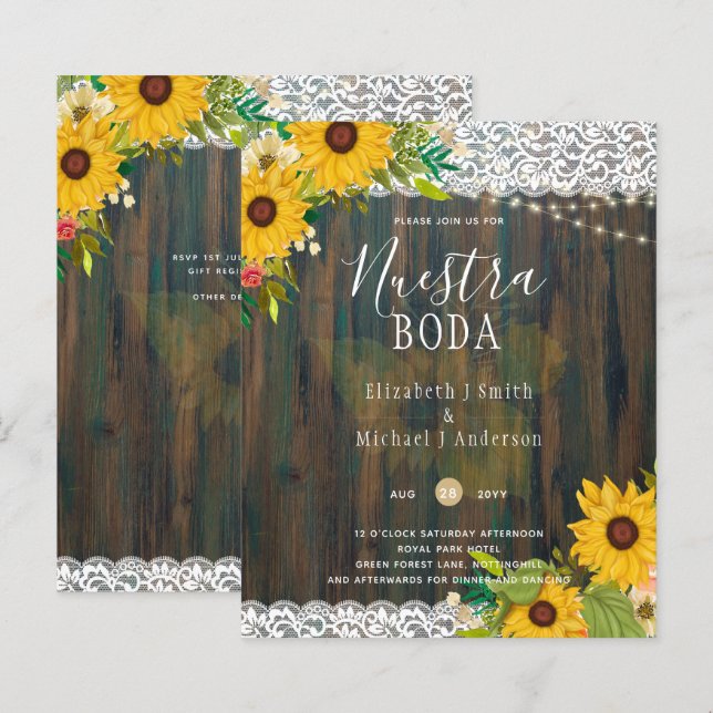 LeahG Nuestra Boda Sunflowers Lace Lights Invite (Front/Back)