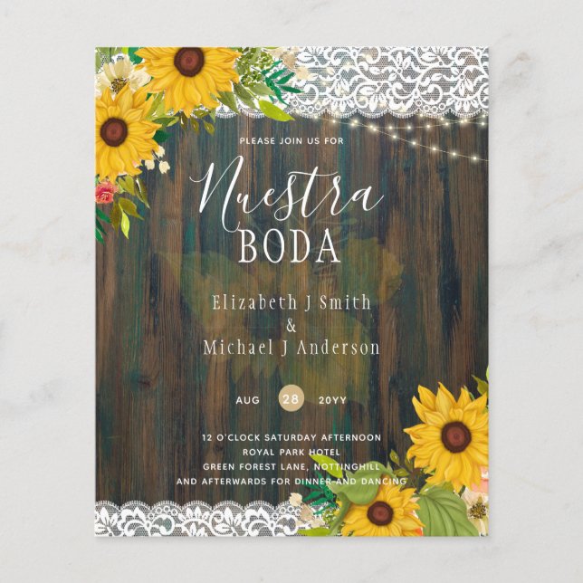 LeahG Nuestra Boda Sunflowers Lace Lights Invite Flyer (Front)