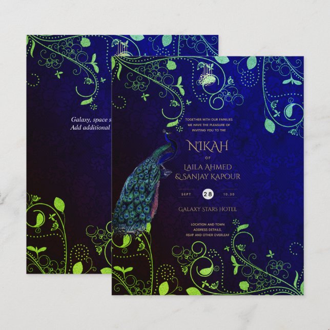 LeahG Peacock Blue Islamic Muslim Wedding Invites  (Front/Back)