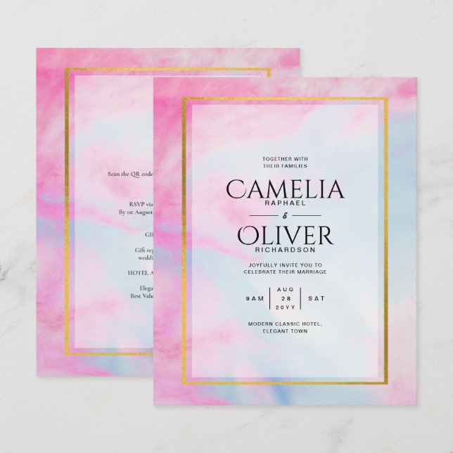 LeahG Pink Aqua Blue Gold INK Wedding INVITE (Front/Back)