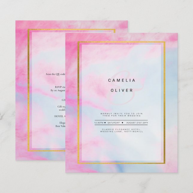LeahG Pink Aqua Blue Gold INK Wedding INVITE (Front/Back)