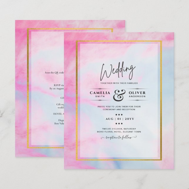 LeahG Pink Aqua Blue Gold INK Wedding INVITE (Front/Back)