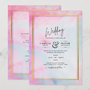 LeahG Pink Aqua Blue Gold INK Wedding INVITE