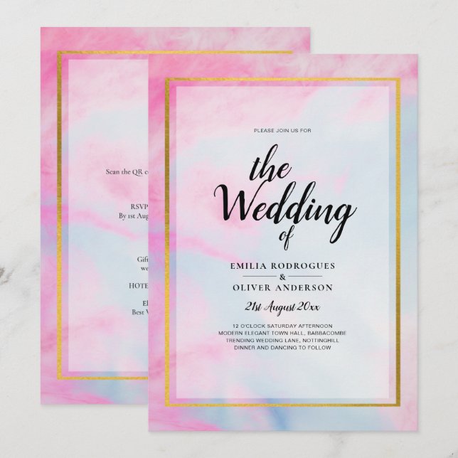 LeahG Pink Aqua Blue Gold INK Wedding INVITE (Front/Back)