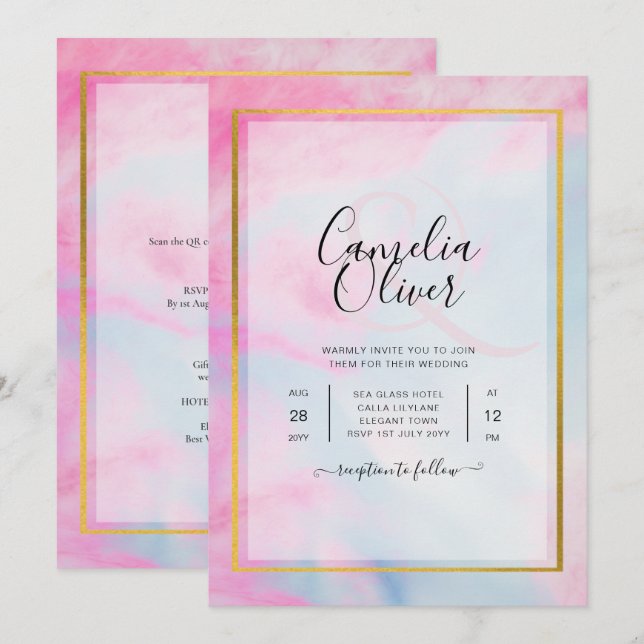 LeahG Pink Aqua Blue Gold INK Wedding INVITE (Front/Back)