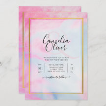 LeahG Pink Aqua Blue Gold INK Wedding INVITE
