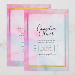 LeahG Pink Aqua Blue Gold INK Wedding INVITE