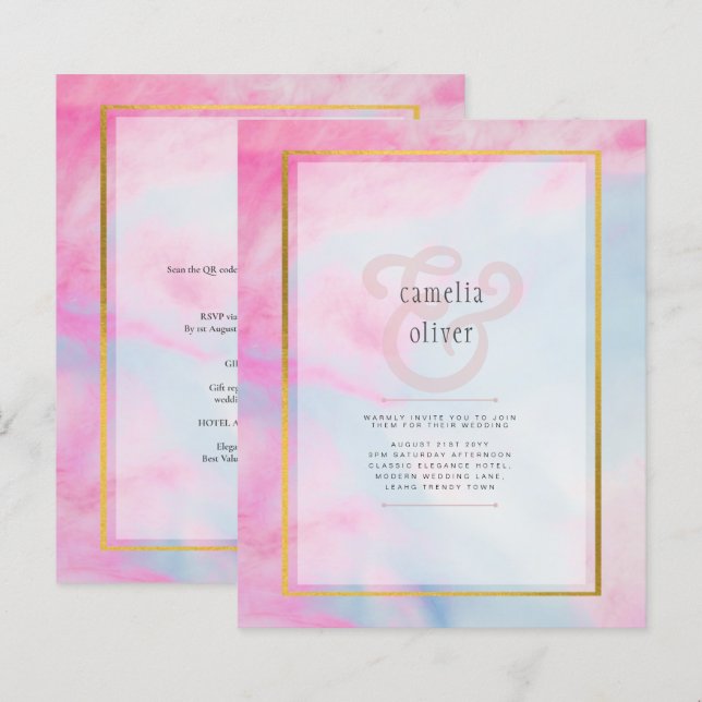 LeahG Pink Aqua Blue Gold INK Wedding INVITE (Front/Back)