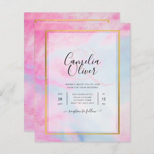 LeahG Pink Aqua Blue Gold INK Wedding INVITE (Front/Back)