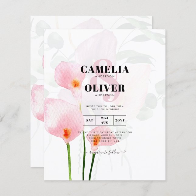 LeahG Pink Calla Lily Floral Wedding Invite allin1 (Front/Back)