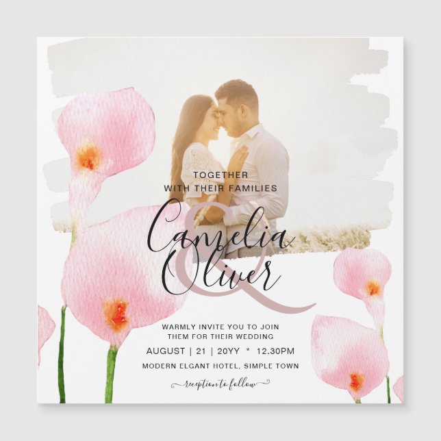 LeahG Pink Calla Lily PHOTO Overlay Wedding Invite (Front)
