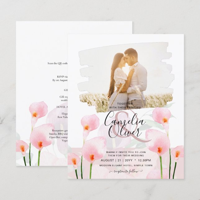LeahG Pink Calla Lily PHOTO Overlay Wedding Invite (Front/Back)