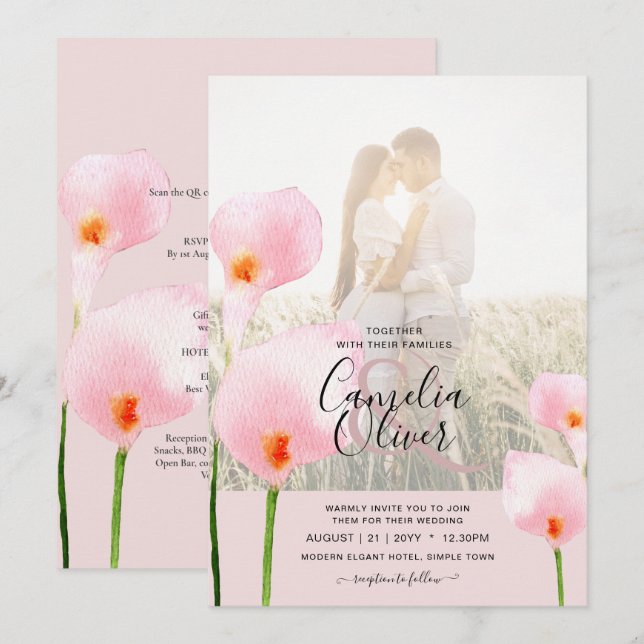LeahG Pink Calla Lily PHOTO Overlay Wedding Invite (Front/Back)