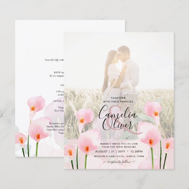 LeahG Pink Calla Lily PHOTO Overlay Wedding Invite (Front/Back)