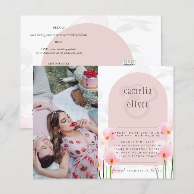 LeahG Pink Calla Lily PHOTO Overlay Wedding Invite (Front/Back)