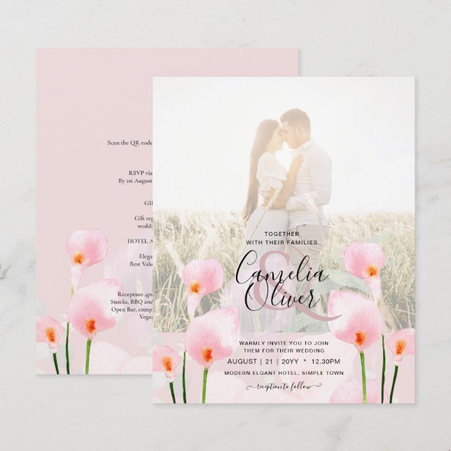 LeahG Pink Calla Lily PHOTO Overlay Wedding Invite (Front/Back)