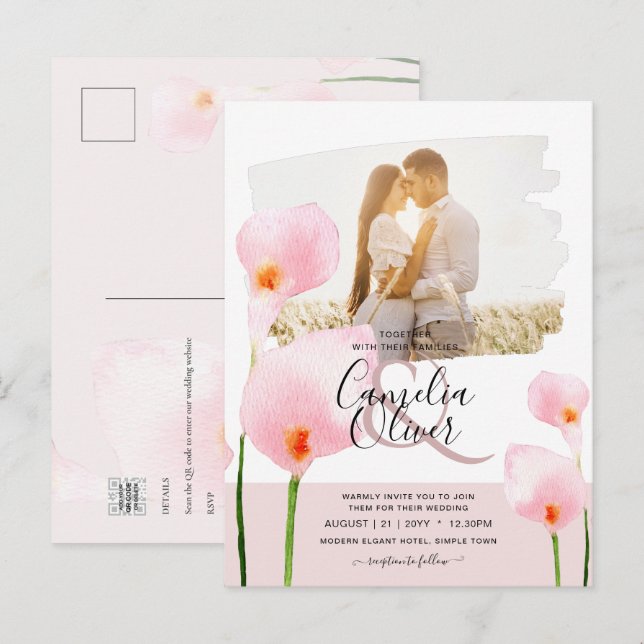 LeahG Pink Calla Lily PHOTO Overlay Wedding Invite Postcard (Front/Back)