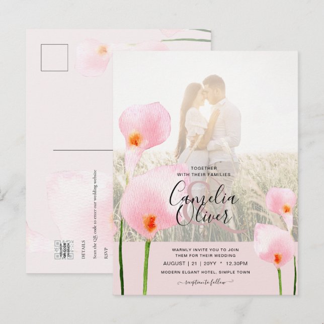 LeahG Pink Calla Lily PHOTO Overlay Wedding Invite Postcard (Front/Back)