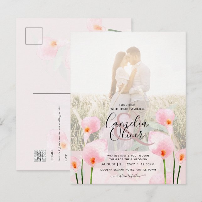 LeahG Pink Calla Lily PHOTO Overlay Wedding Invite Postcard (Front/Back)