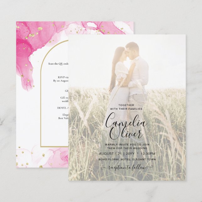LeahG PINK GOLD INK Abstract Wedding INVITE (Front/Back)