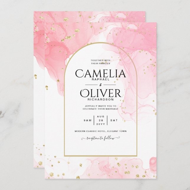 LeahG PINK GOLD INK Abstract Wedding INVITE (Front/Back)