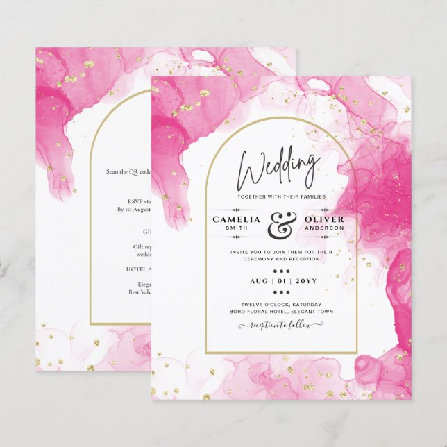 LeahG PINK GOLD INK Abstract Wedding INVITE (Front/Back)