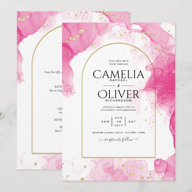 LeahG PINK GOLD INK Abstract Wedding INVITE (Front/Back)