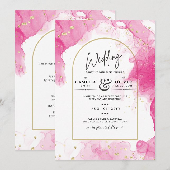 LeahG PINK GOLD INK Abstract Wedding INVITE (Front/Back)