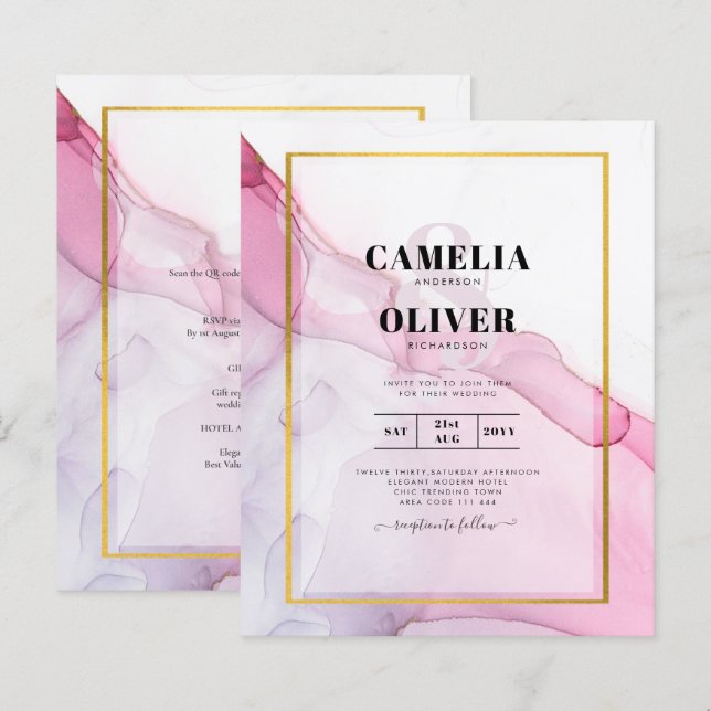 LeahG PINK Purple Ink Abstract Wedding INVITE (Front/Back)