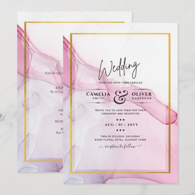 LeahG PINK Purple Ink Abstract Wedding INVITE (Front/Back)