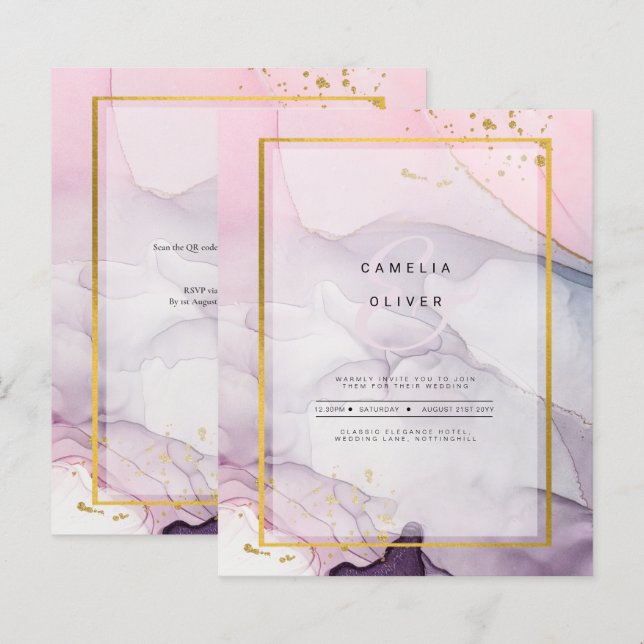 LeahG Pink Purple Lavender Gold INK Wedding INVITE (Front/Back)