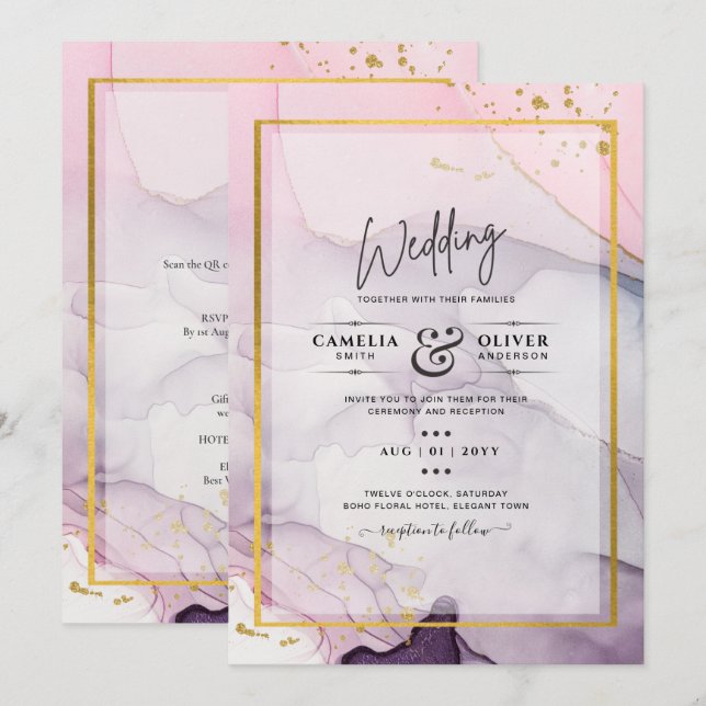 LeahG Pink Purple Lavender Gold INK Wedding INVITE (Front/Back)