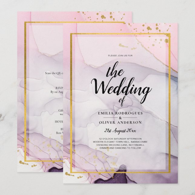 LeahG Pink Purple Lavender Gold INK Wedding INVITE (Front/Back)