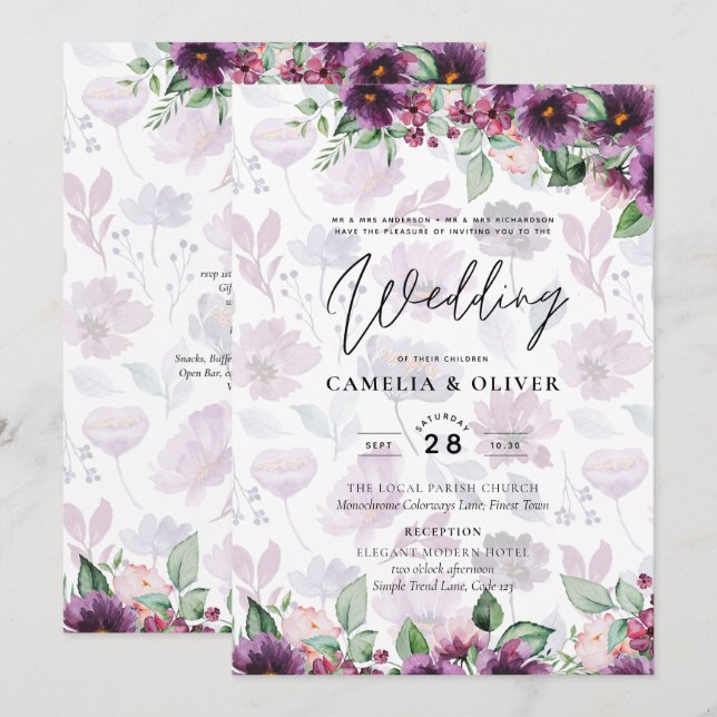 LeahG Plum Purple Berry Floral Wedding Fall Winter Invitation (Front/Back)