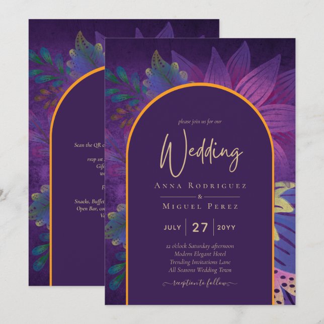 LeahG Plum Purple Gold JEWEL TONES Wedding INVITE (Front/Back)